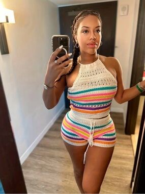 Crochet Halter Top & Shorts Set XXL Colorful Striped Knit 2 Piece Lounge Set